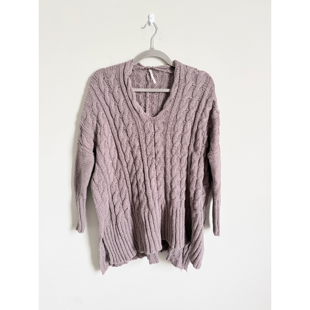 Free People Womens Small Cable Knit V-Neck Sweater Mauve Brown Pullover